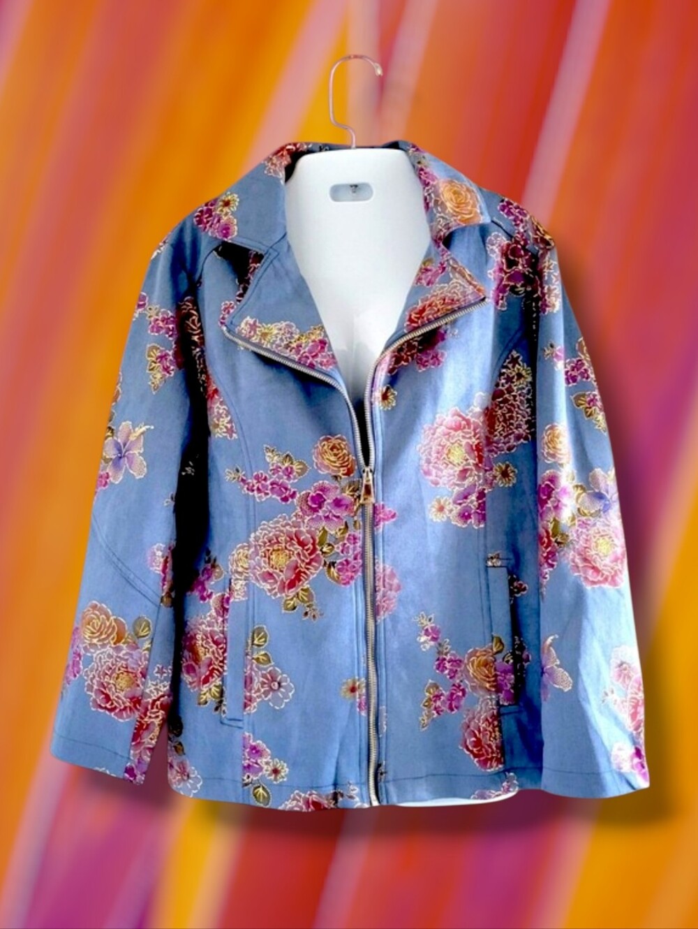Drapers & Damons | NWOT Blue Faux Suede Floral Moto-Style Jacket (SIZE MP)